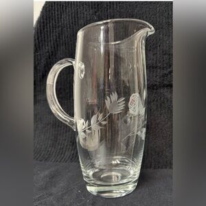 Mid Century Modern Cocktail Pitcher, Etched Glass, 7" Tall